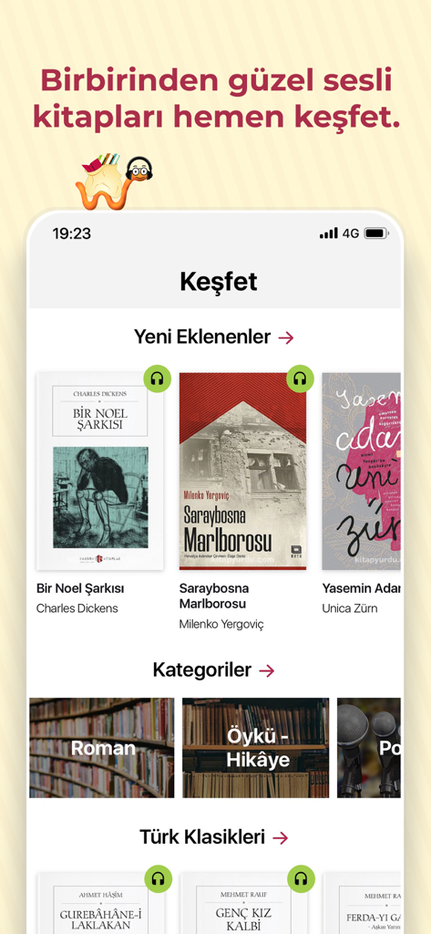 Kitapyurdu Sesli Kitap - Kitapyurdu Sesli Kitap app discovery screen featuring Turkish audiobooks and classic literature categories