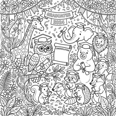Join a delightful parade of wild animals, all decked out in their graduation caps and holding diplomas, ready to celebrate a big achievement! This charming coloring page is perfect for honoring graduates and brings a smile to faces of all ages.