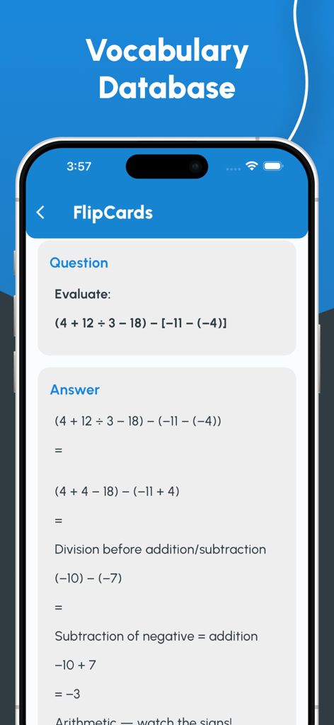 Eine GMAT-Prüfungsvorbereitungs-App, die eine mathematische Übungsfrage und eine Schritt-für-Schritt-Lösung auf einer Karteikarte zeigt