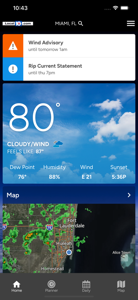 Weather Authority - Weather Authority app interface showing Miami weather forecast with a wind advisory and live radar map