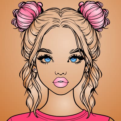 realistic girl with two buns in hair and lips