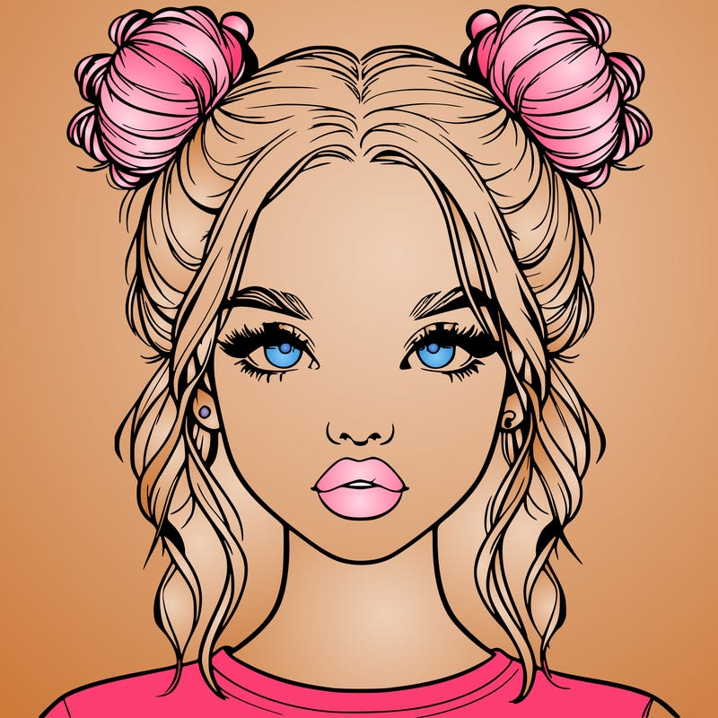 realistic girl with two buns in hair and lips