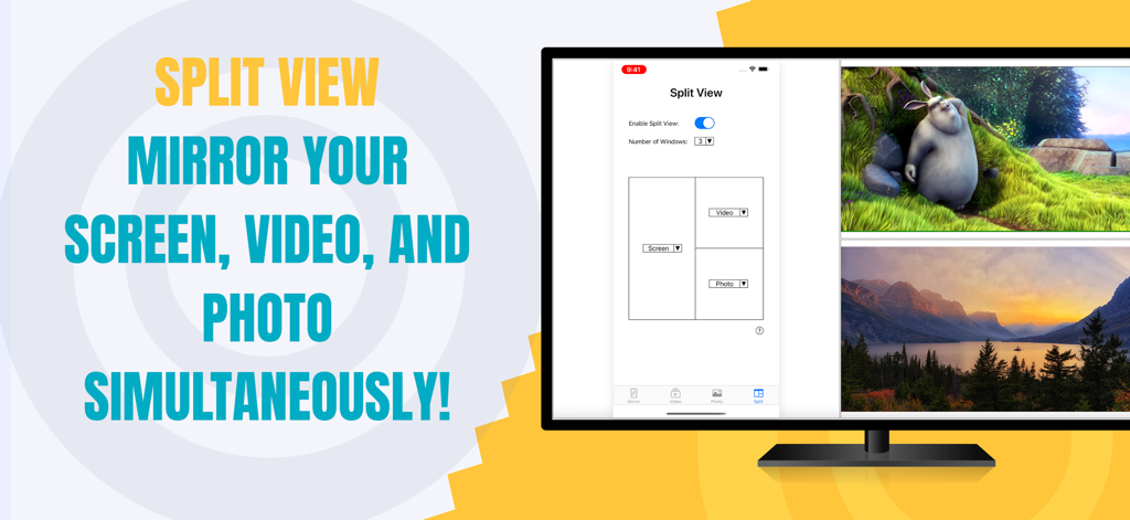 Smart Mirror | TV & Device - Interfaz de la aplicación Smart Mirror que muestra la función de vista dividida para transmisión de video y fotos simultánea en un monitor de televisión