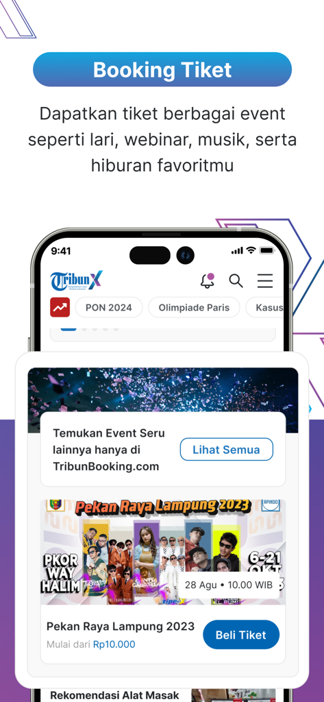TribunX app interface for booking tickets to Indonesian events and webinars