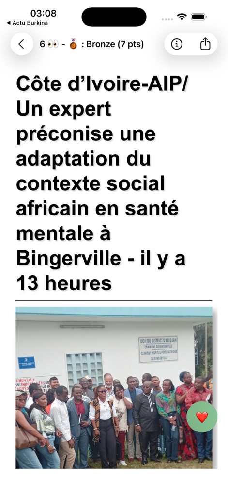 News article about mental health in Bingerville on the Actu Cote d Ivoire mobile app