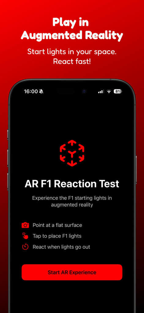 F1 Start - Reaction test - Interface for F1 Start reaction test in augmented reality mode