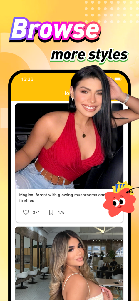 Charz - Interface de l'application Charz montrant un flux social d'images créatives avec des options pour aimer, sauvegarder et parcourir différents styles artistiques.