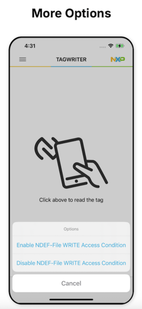 NFC TagWriter app interface showing NDEF file write access settings