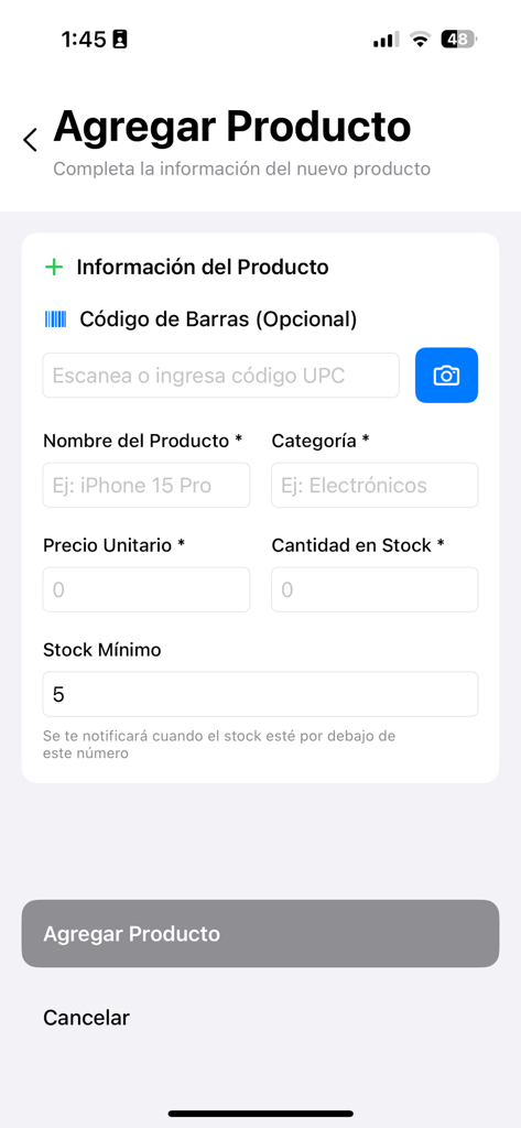 Inventario y Venta - Schermata dell'app mobile per aggiungere un nuovo prodotto con campi per la scansione del codice a barre, nome del prodotto, prezzo e livello di scorta