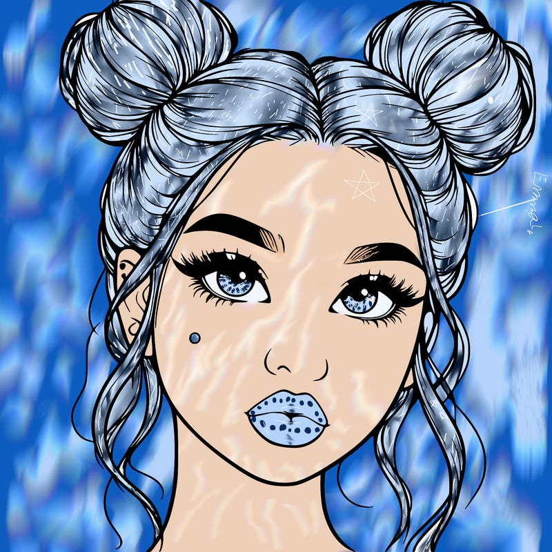 realistic girl with two buns on her hair and lips