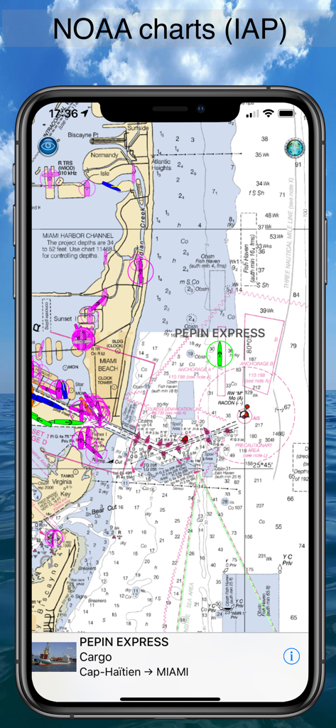 Boat Beacon - Boat Beacon app displaying NOAA marine charts with real-time AIS ship tracking in Miami harbor.
