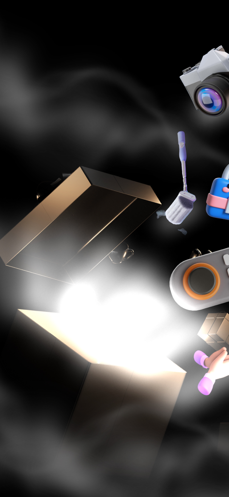 3D creative icons like a camera and controller floating around a glowing open box