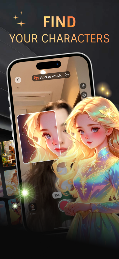 My Character: Cartoon Filter - A smartphone interface showing the My Character app with a cartoon transformation filter of a blonde princess overlaying a selfie.