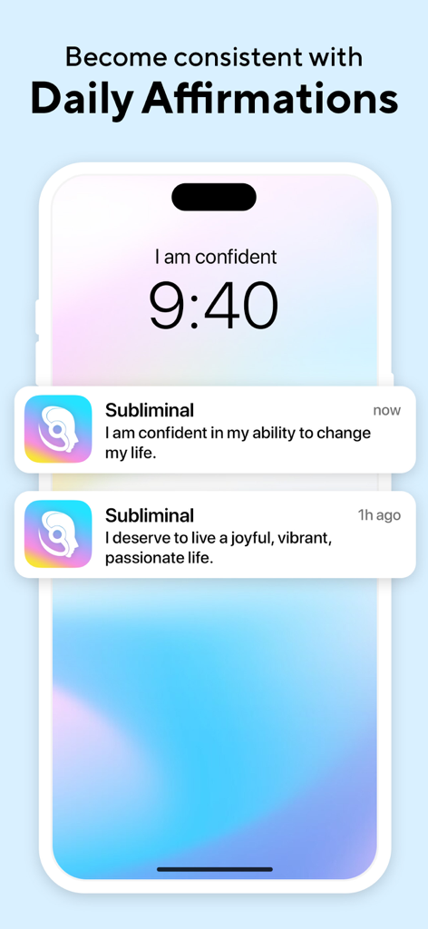 Subliminal: Manifest Goals - Tela de bloqueio do iPhone mostrando notificações push de afirmações diárias positivas do aplicativo Subliminal Manifest Goals