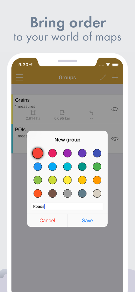 Creating a new color-coded group for land measurements in the GPS Fields Area Measure app