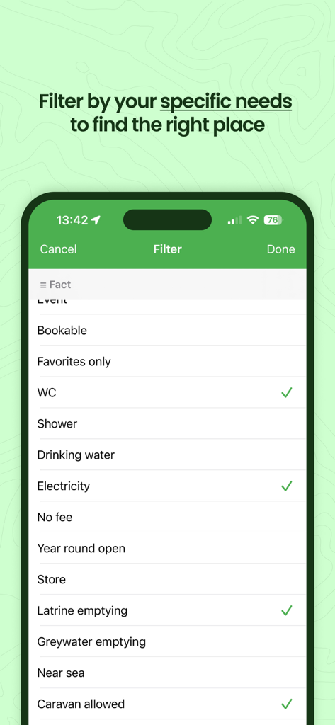 Mobile app interface showing filters for motorhome campsite amenities like water electricity and latrine emptying