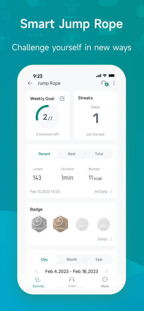 Silvergear Fit - Tableau de bord de l'application Silvergear Fit affichant les données d'entraînement de la corde à sauter intelligente, y compris le nombre de sauts, la durée et les calories brûlées.