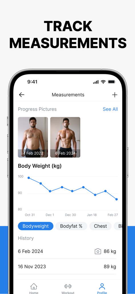 Hevy app screen for tracking body weight progress with graphs and photos