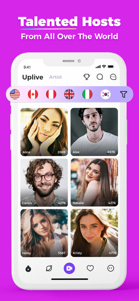 Uplive-Live Stream, Go Live - Uplive mobile app interface displaying a grid of international live stream hosts with country flag filters.