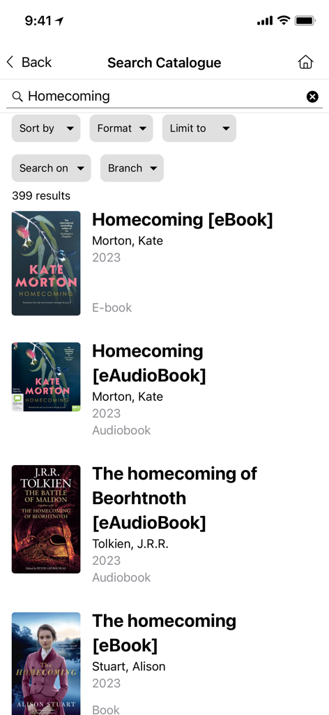 Bayside Libraries - Una pantalla de resultados de búsqueda en la aplicación Bayside Libraries que muestra varios títulos de libros y formatos como eBook y eAudioBook para el término de búsqueda Homecoming.