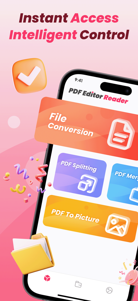 PDF Editor Reader - Oberfläche der mobilen App PDF Editor Reader, die Werkzeuge für die Dateikonvertierung und Dokumentenverwaltung anzeigt