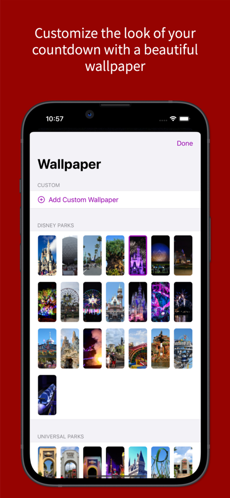 Countdown for Disney World - A gallery of Disney and Universal park wallpapers for personalizing a vacation countdown app