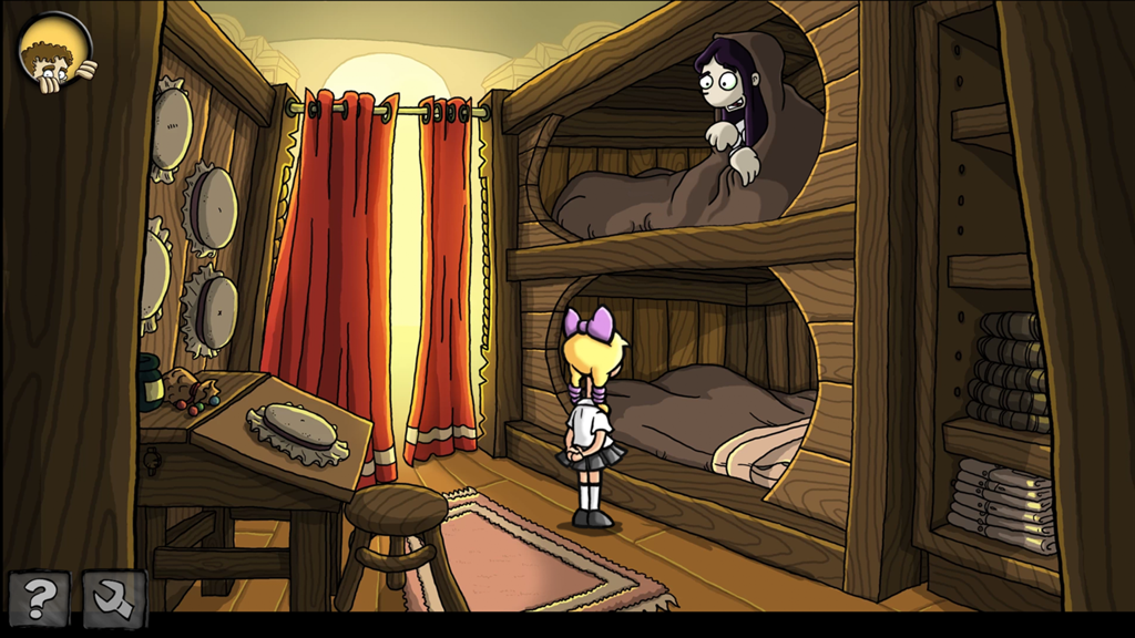 Lily standing in a wooden dormitory room looking at Edna hiding in a bunk bed