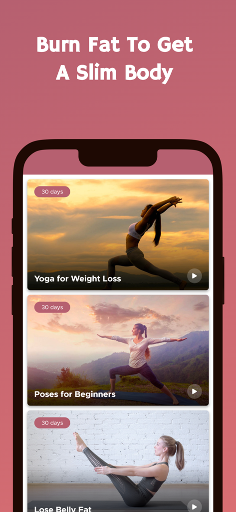 Yoga app interface showing 30 day programs for weight loss and beginners