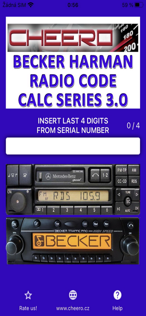 Interface of the Becker radio code calculator app showing serial number input field and examples of supported Mercedes and Becker head units