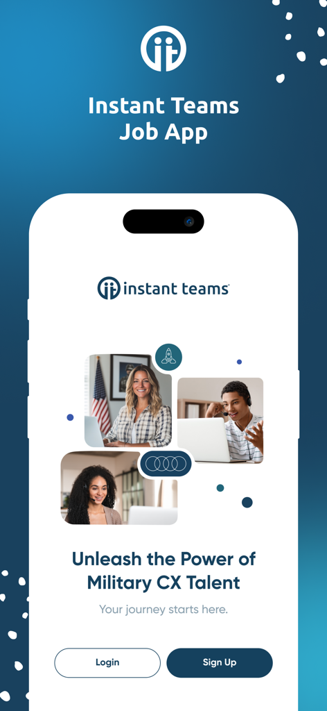 Instant Teams Job App - Instant Teams Job App home screen featuring military CX talent and login options