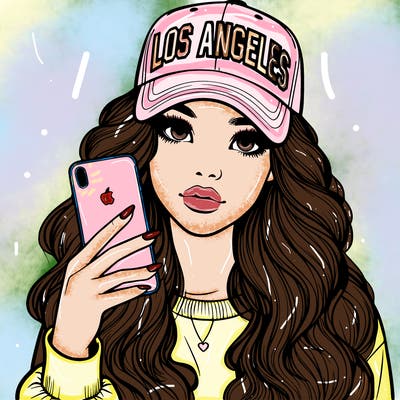 realistic beautiful girl wearing los ángeles cap holding an iphone