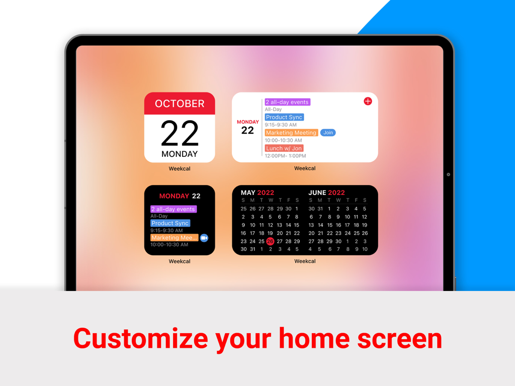 iPad-Startbildschirm mit WeekCal-Kalender-Widgets für tägliche Ereignisse und Monatsansichten