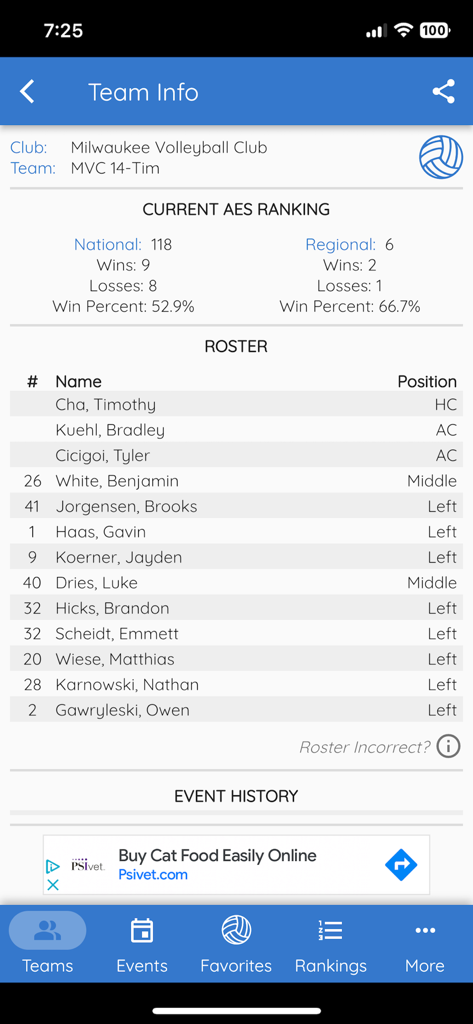 Volleyball Hub - Volleyball Hub app displaying team information rankings and roster