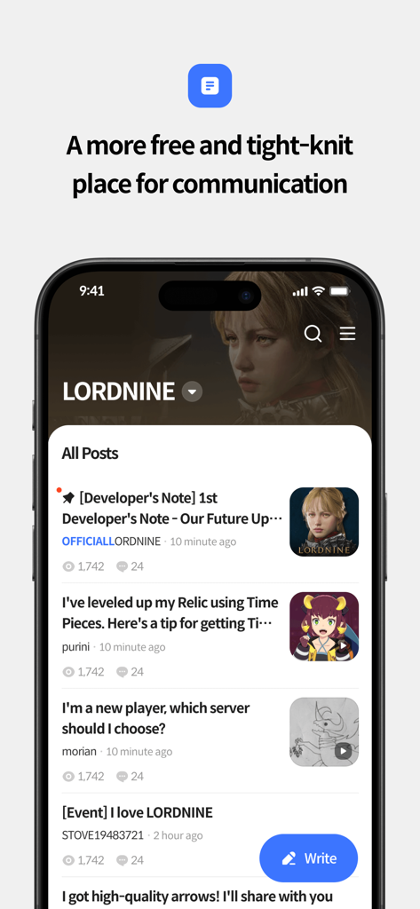 STOVE App - Écran de smartphone de l'application STOVE montrant le forum de la communauté du jeu LORDNINE avec diverses publications de joueurs.