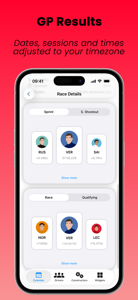 SpeedTrack F1 Widgets - SpeedTrack F1 app screenshot displaying Grand Prix race results including driver podiums for Sprint and Race sessions.