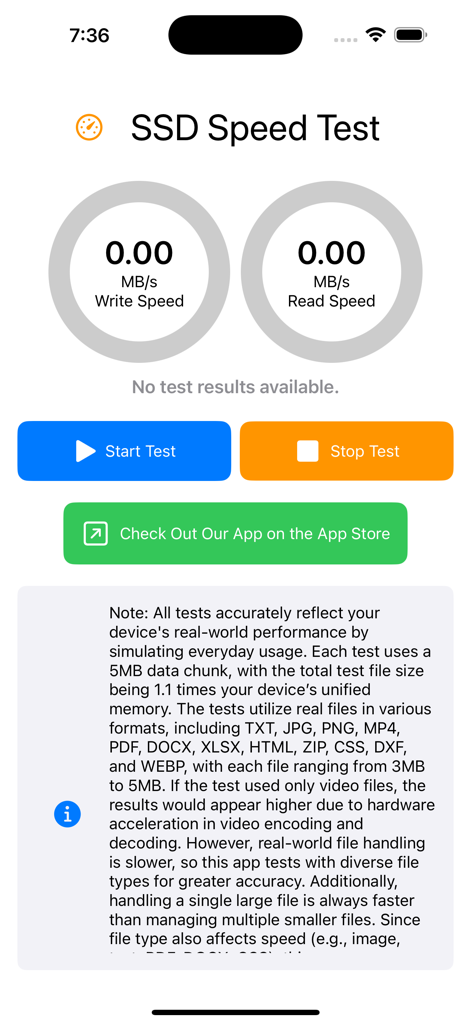 SSD Performance Test - Interface do aplicativo Teste de Velocidade SSD mostrando medidores de velocidade de leitura e gravação