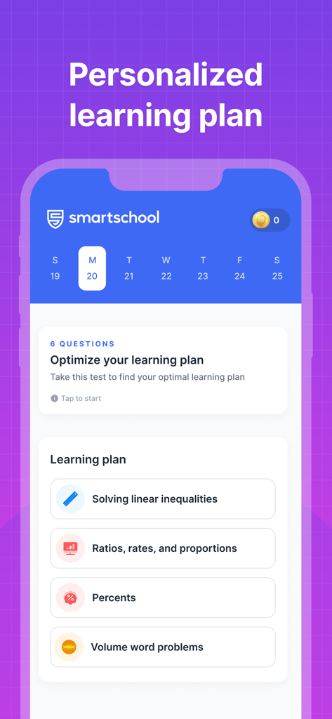 SAT® Test Prep 2026 - Personalized learning plan dashboard in the SAT Test Prep 2026 app showing math topics and a diagnostic test
