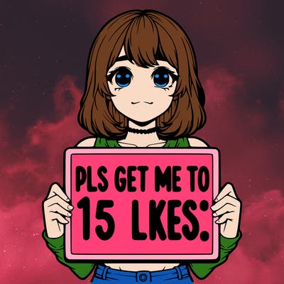 realistic girl holding up a sign that says “pls get me to 15 likes!”