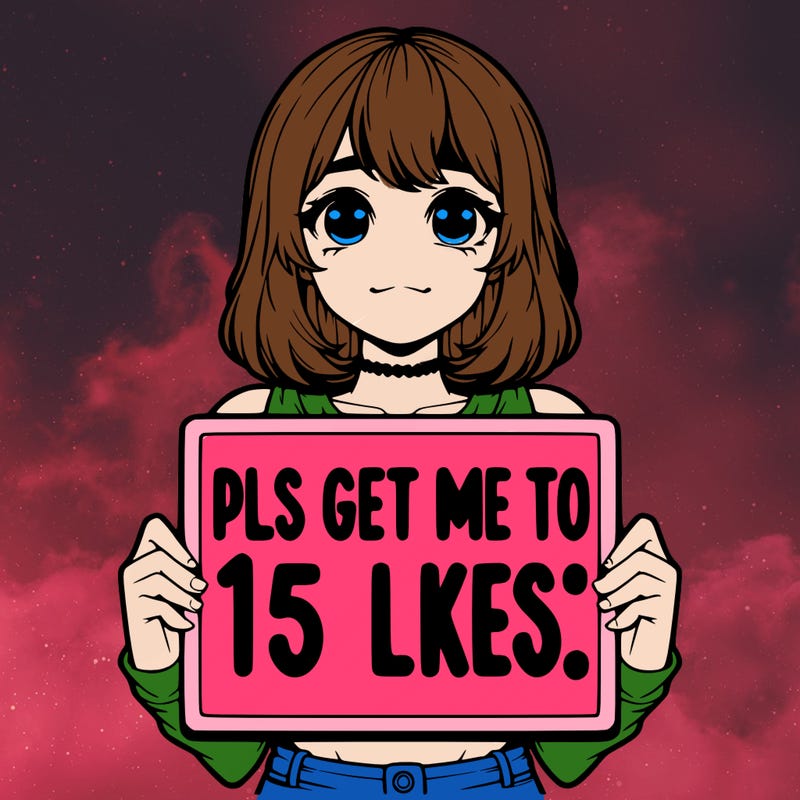 realistic girl holding up a sign that says “pls get me to 15 likes!”