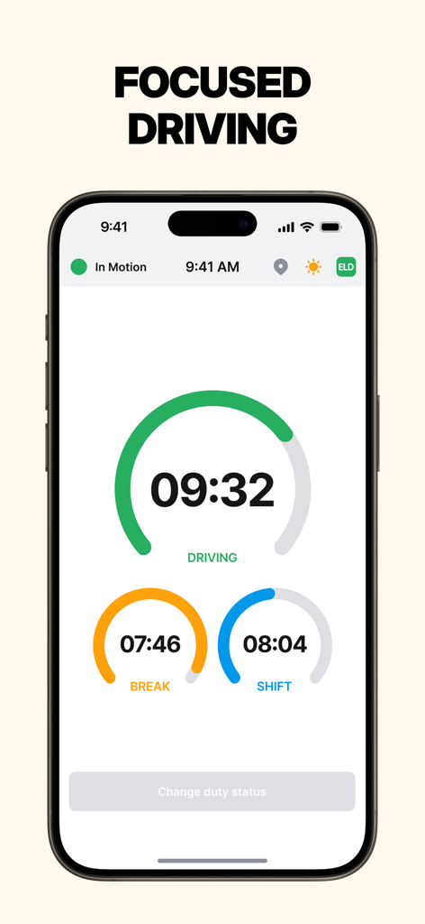 Bildschirm der ELD Hub App, der Fahr-, Pausen- und Schichtzeitgeber für die LKW-Fahrerkonformität anzeigt