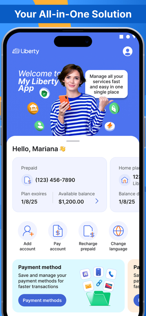 Tableau de bord de l'application My Liberty montrant le solde du compte et les boutons de gestion des services