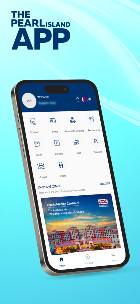 The Pearl Island - The Pearl Island mobile app dashboard showing property management and lifestyle services