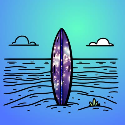 single surfboard standing in the sand