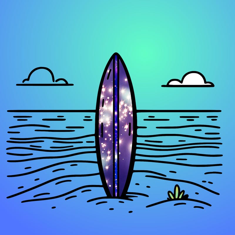single surfboard standing in the sand
