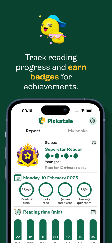 Pickatale - Pickatale app reading report showing progress stats and superstar reader badge