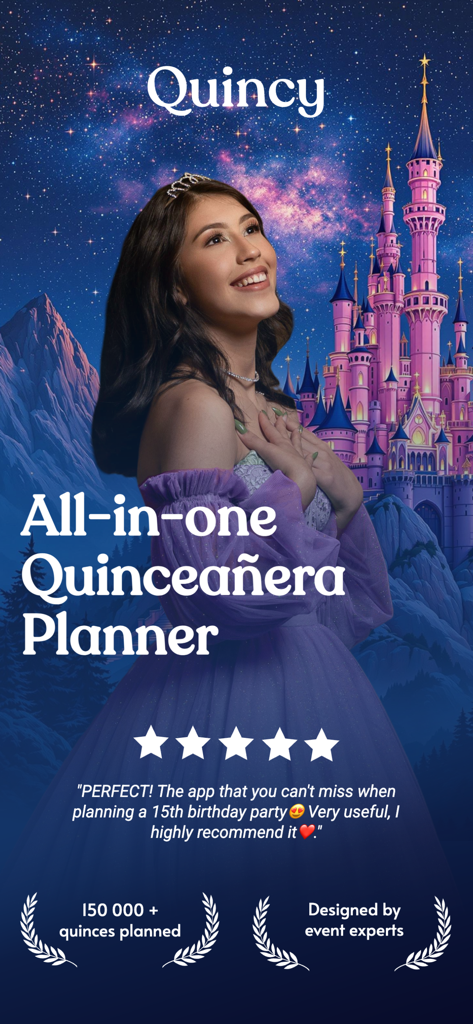 Quincy - Quinceanera Planner - Quincy Quinceanera Planner promotional screen featuring a girl in a purple dress and a pink castle