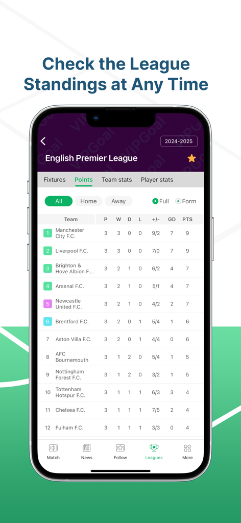 Tabla de clasificación de la Premier League inglesa en la aplicación VIPGoal que muestra rankings de equipos y puntos.