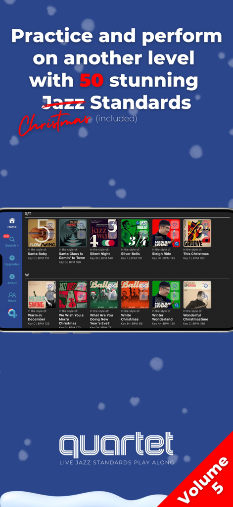 Interfaccia dell'app Quartet 5 su smartphone che mostra una libreria di standard jazz natalizi per la pratica musicale professionale