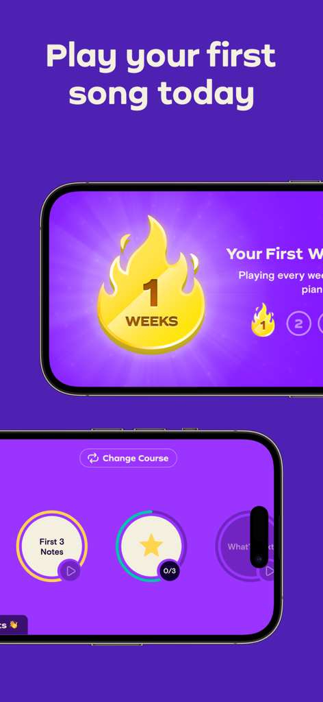 The Simply Piano app interface on a smartphone showing a one week streak achievement and introductory piano lessons.