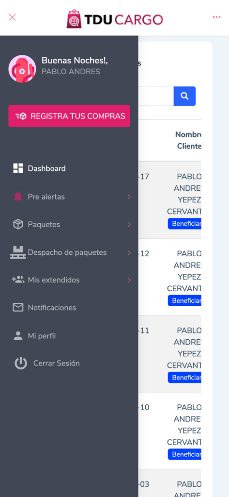 TDU Cargo - Sidebar navigation menu of the TDU Cargo app in Spanish showing logistics management options